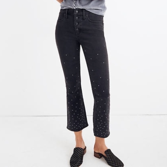 Madewell Cali Demi-Boot Dot Crop Button Fly Jeans Black 23 Mini Kick Flare - Picture 1 of 8